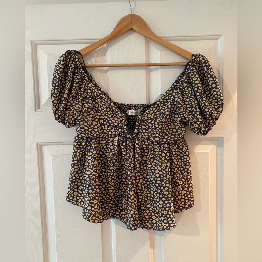 Navy and Gold floral puff sleeve top